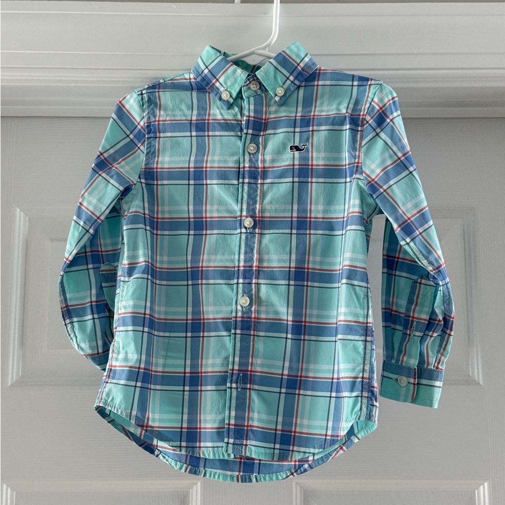 Vineyard Vines Blue and Green Plaid Button Down Performance Shirt